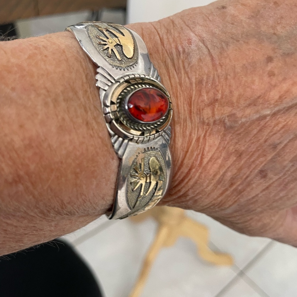 Wes Craig Navaho Sterling and Amber bracelet signed by Wes Craig